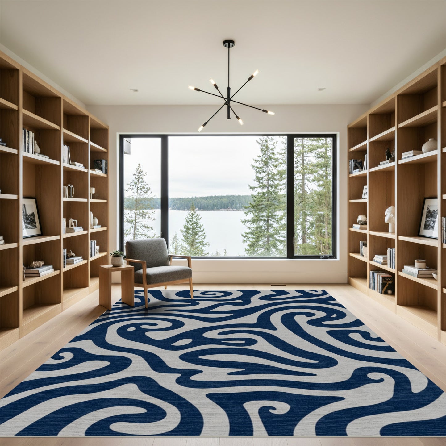 Navy Silver Swirling Abstract Shapes Rug