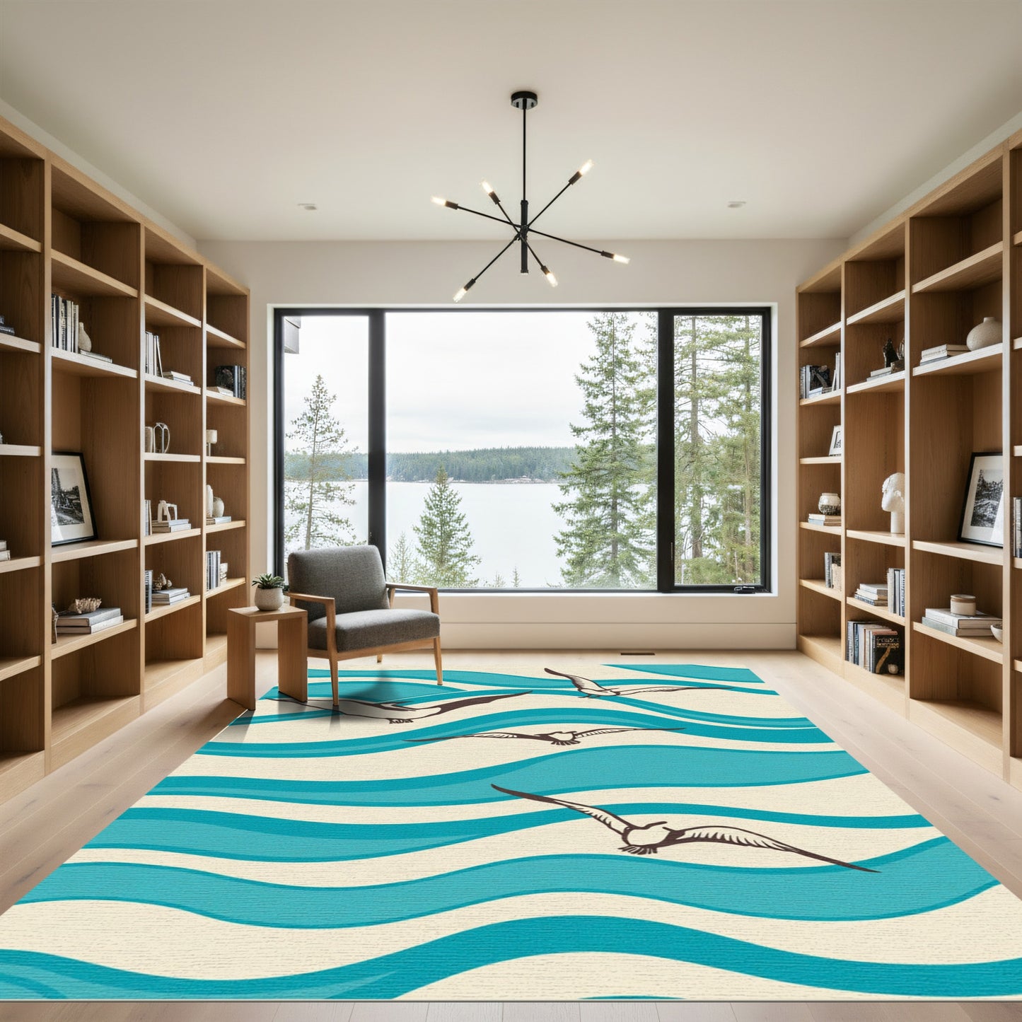 Retro Seagulls Over Blue Waves Rug
