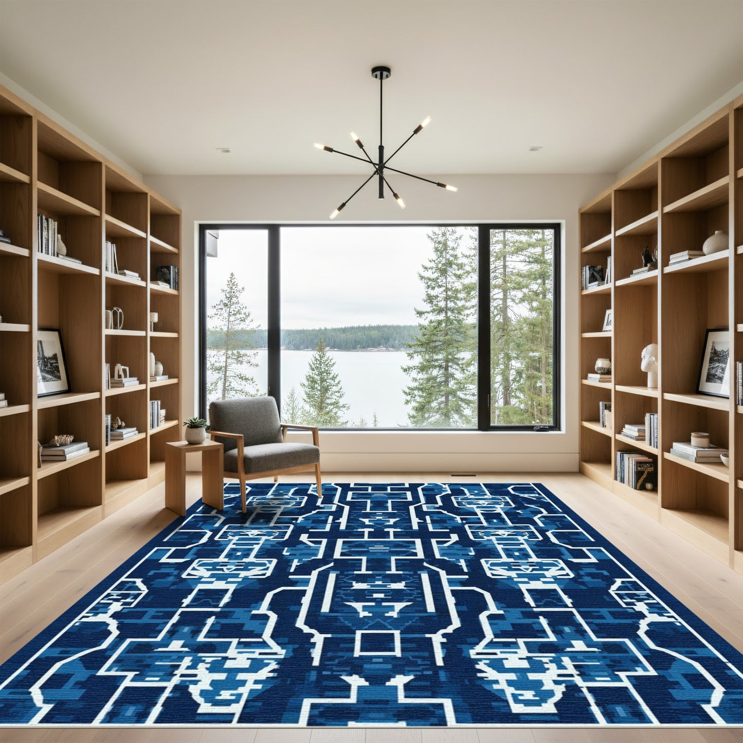 Deep Blue Geometric Architectural Layout Rug