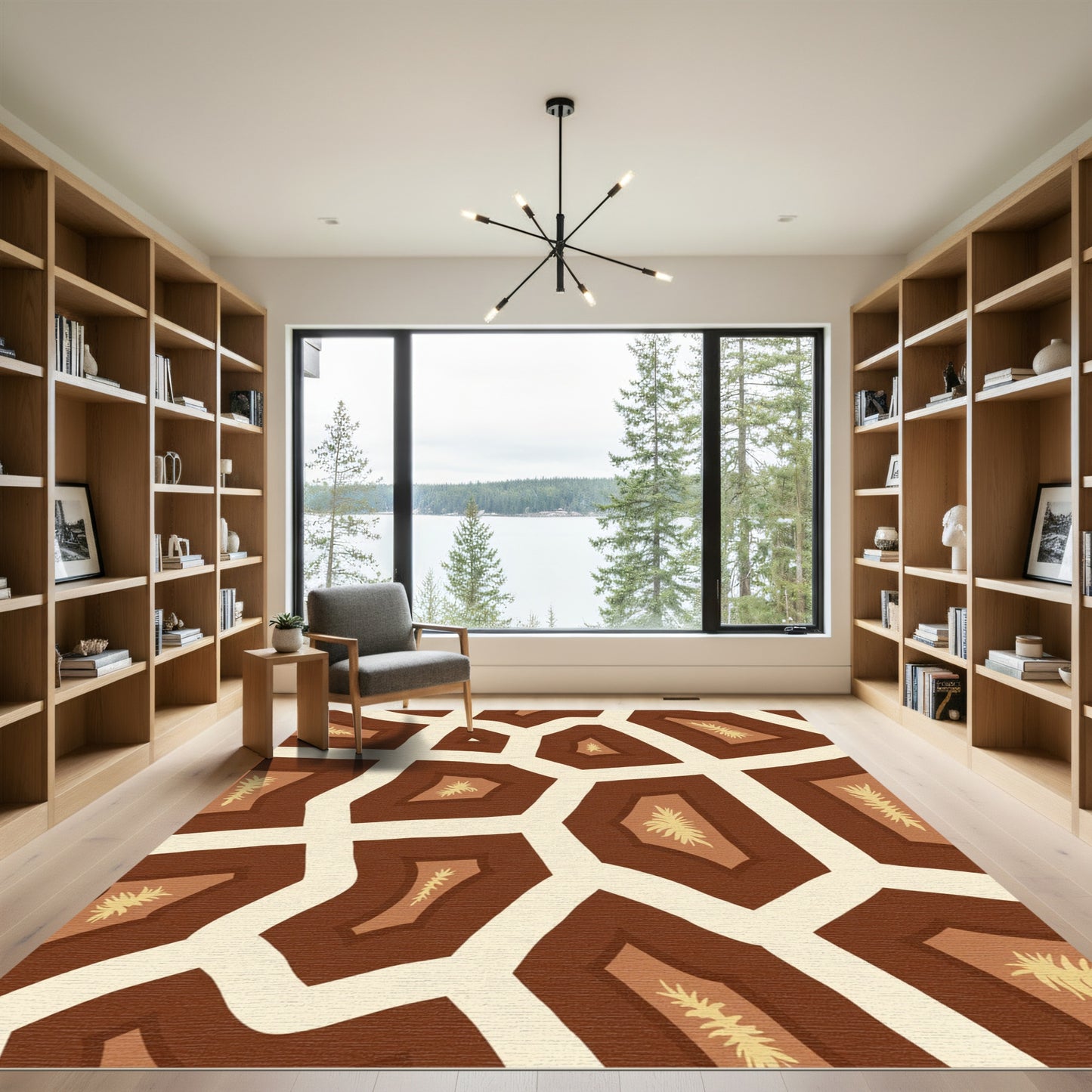 Brown and Cream Abstract Leafy Geo Rug