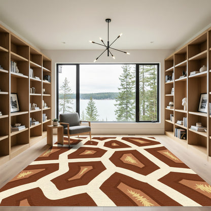 Brown and Cream Abstract Leafy Geo Rug