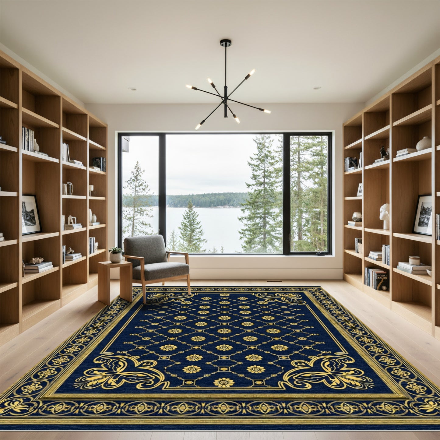 Ornate Navy Golden Fleur-de-lis Rug