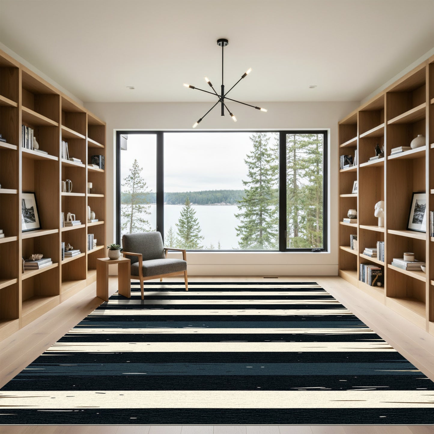 Distressed Black Cream Horizontal Stripe Rug
