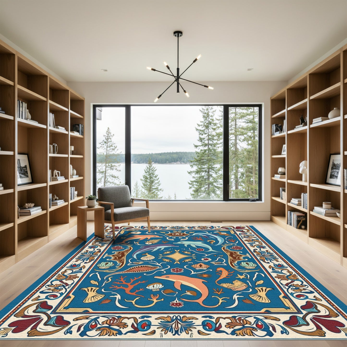 Blue Marine Life Dolphin Coral Scallop Rug
