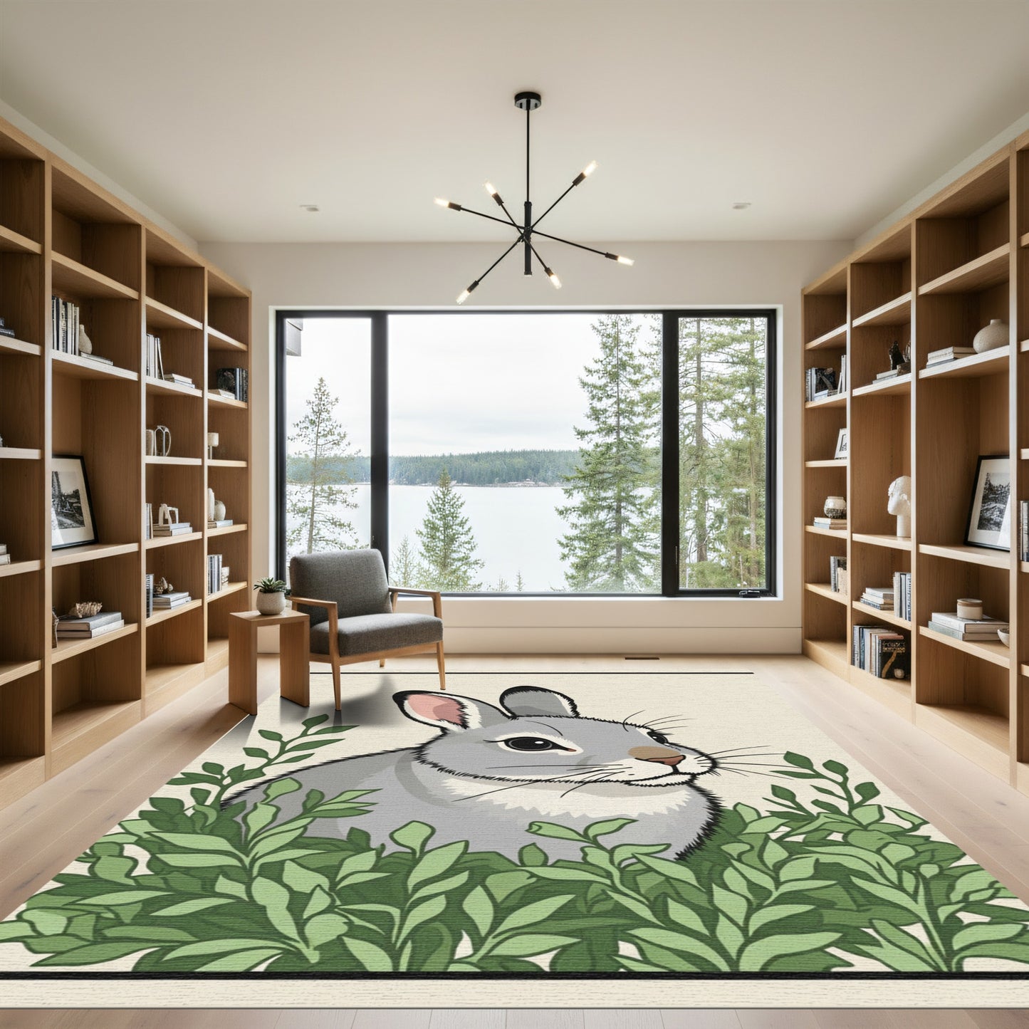 Gray Rabbit Amongst Lush Green Leaves Rug
