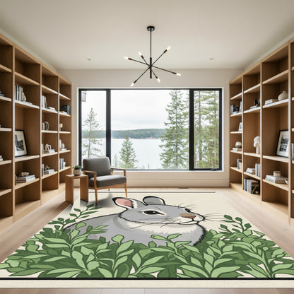Gray Rabbit Amongst Lush Green Leaves Rug