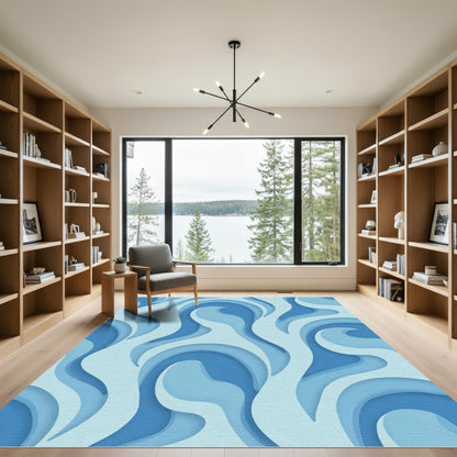 Abstract Blue Layered Wave Rug