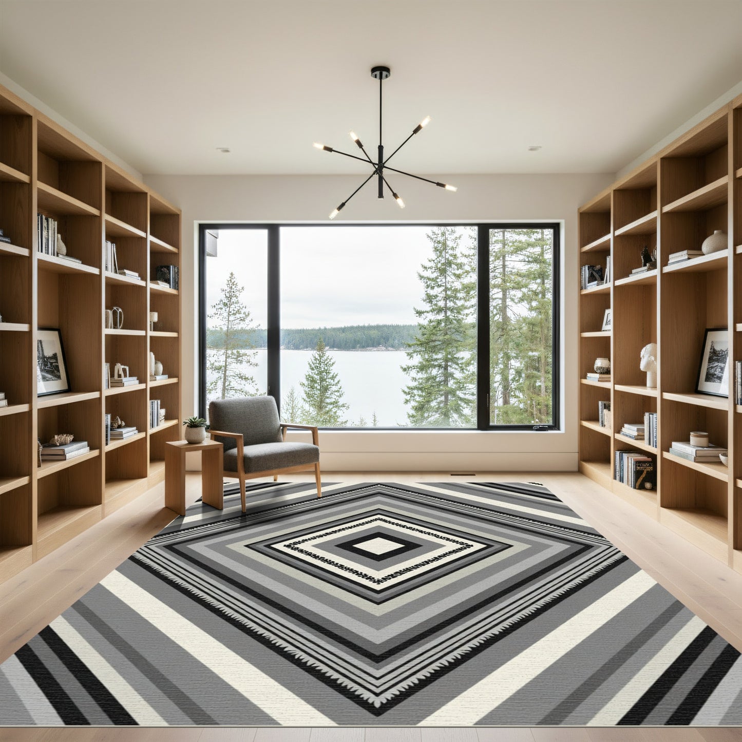 Monochrome Geometric Diamond Chevron Rug
