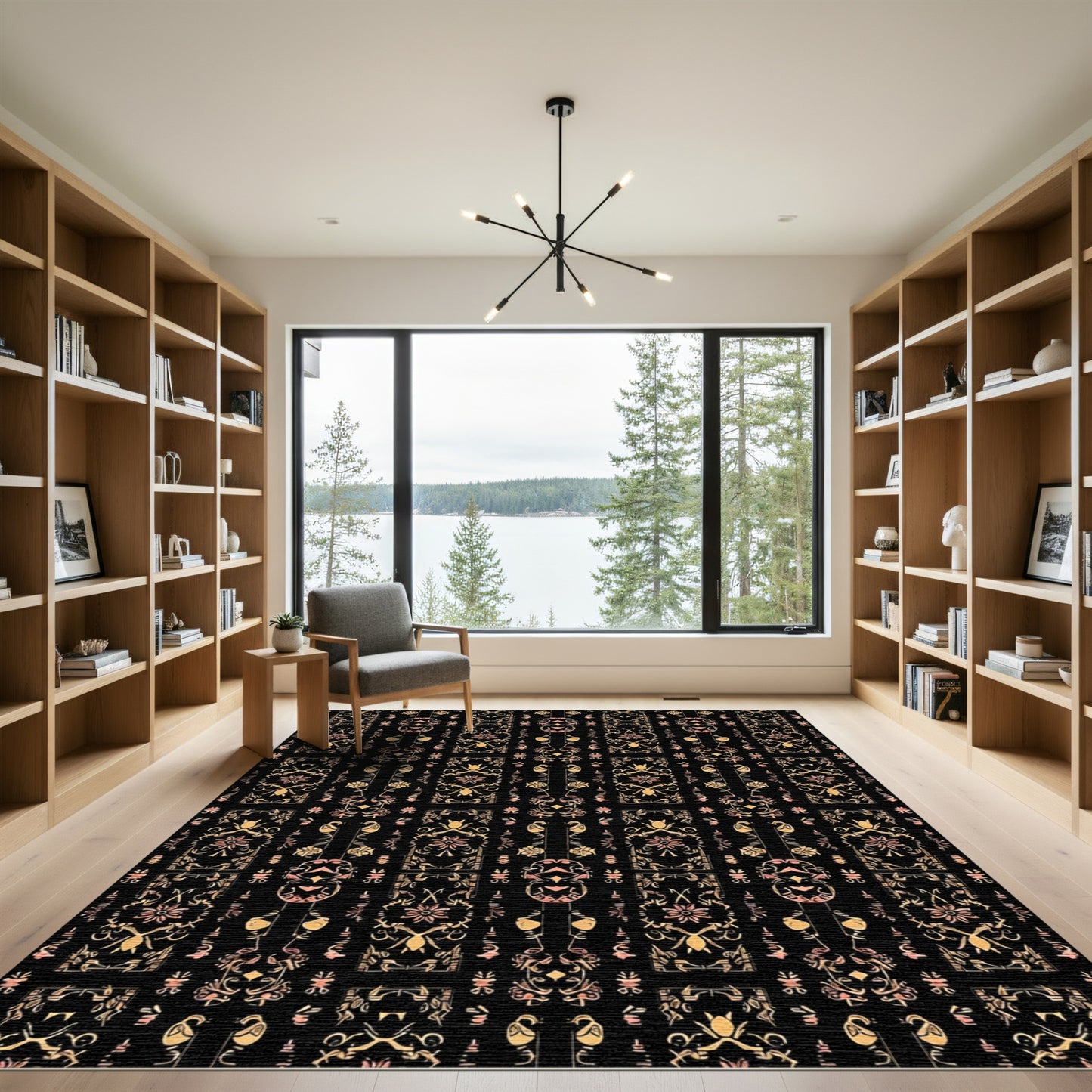 Ornate Black Floral Scroll Rug