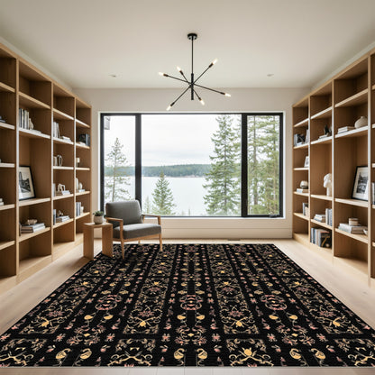Ornate Black Floral Scroll Rug