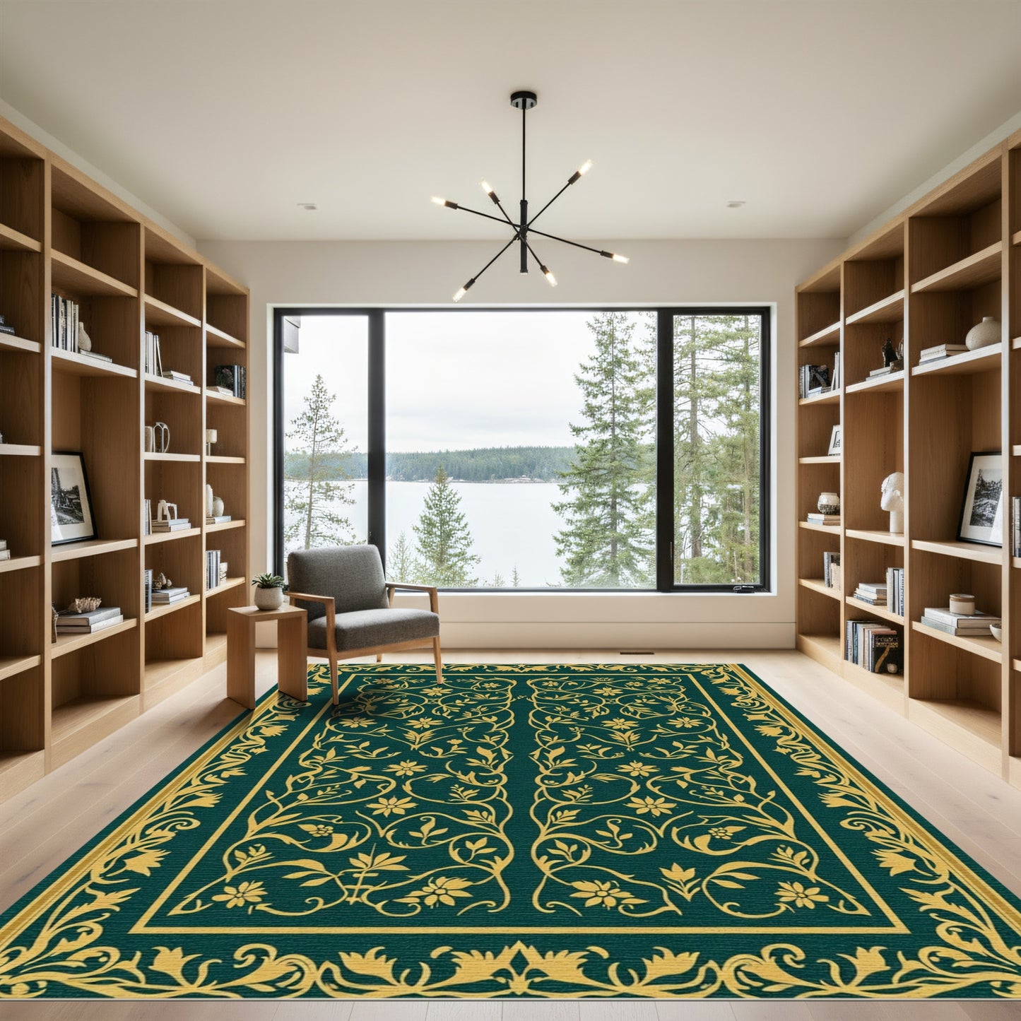 Dark Teal Golden Floral Vine Rug