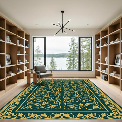 Dark Teal Golden Floral Vine Rug