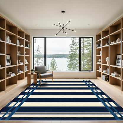 Navy Cream Horizontal Stripe Border Rug
