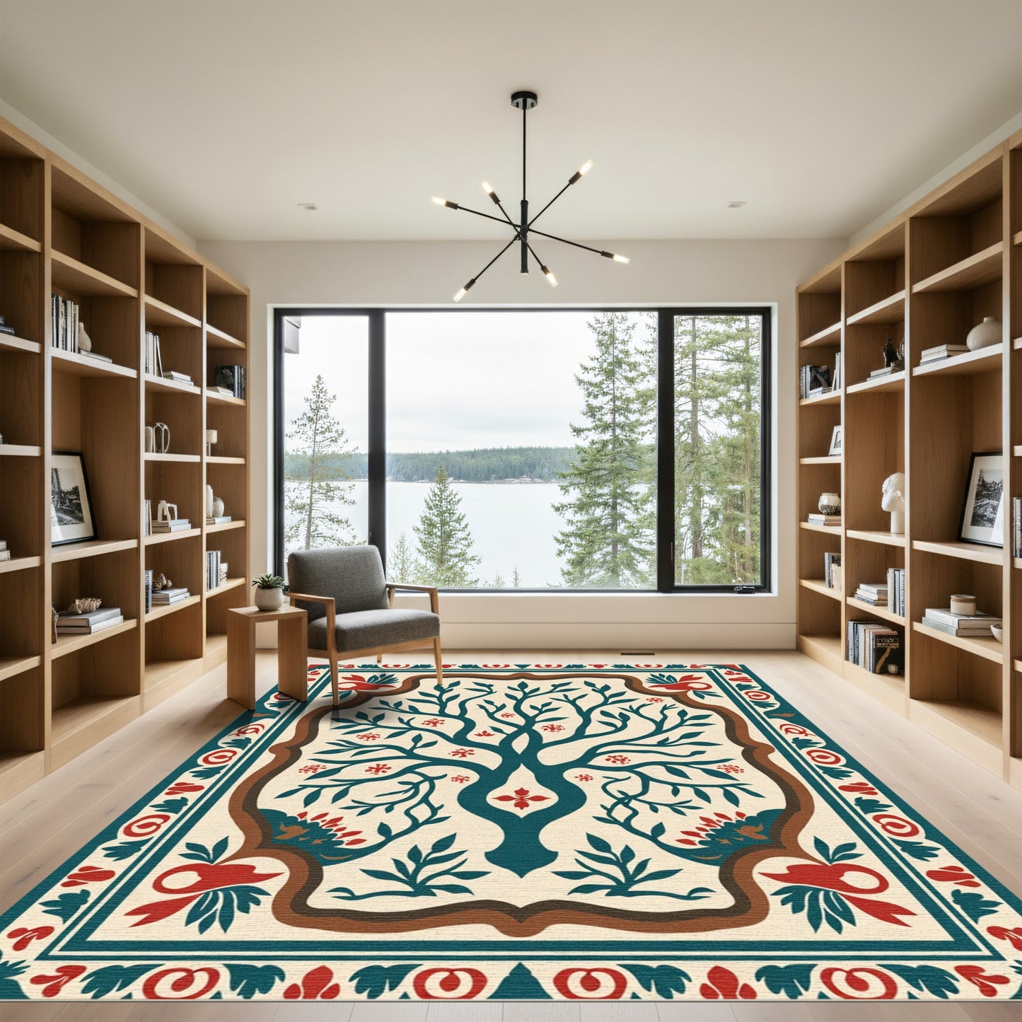 Teal Tree Ivory Red Border Rug