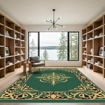 Emerald Green Golden Arabesque Frame Rug