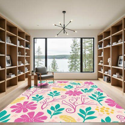 Vibrant Pink Teal Yellow Floral Foliage Rug
