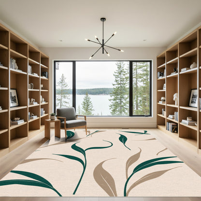 Tan And Teal Leaf Abstract Rug