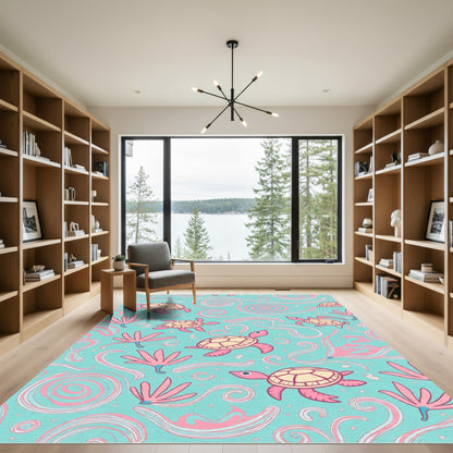 Aqua Pink Turtle Swirls and Fronds Rug