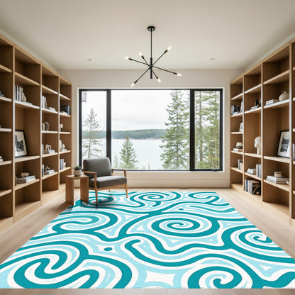 Teal Abstract Swirling Curls Rug