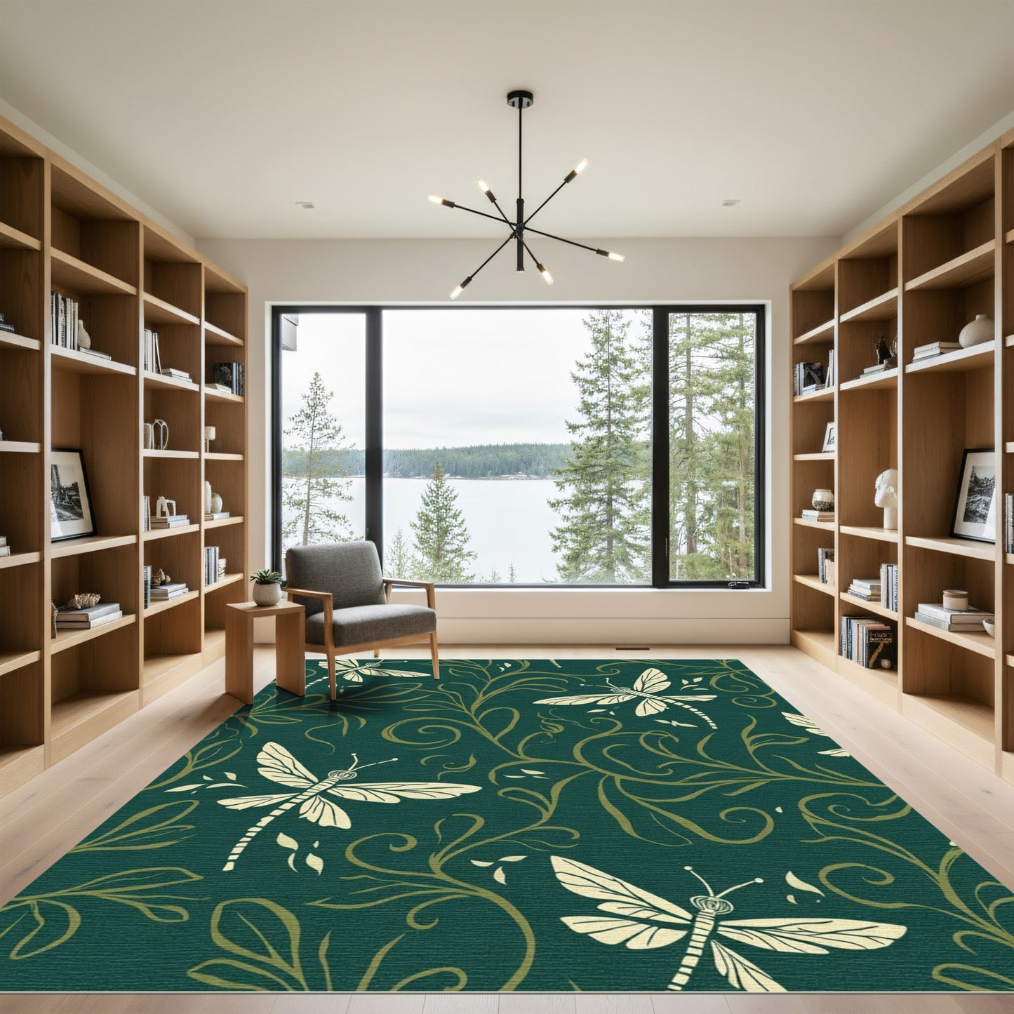 Deep Teal Cream Dragonfly Vine Rug