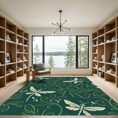 Deep Teal Cream Dragonfly Vine Rug