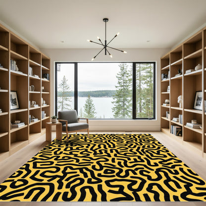Abstract Black Labyrinth Yellow Rug