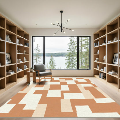 Terracotta Neutral Geometric Blocks Rug