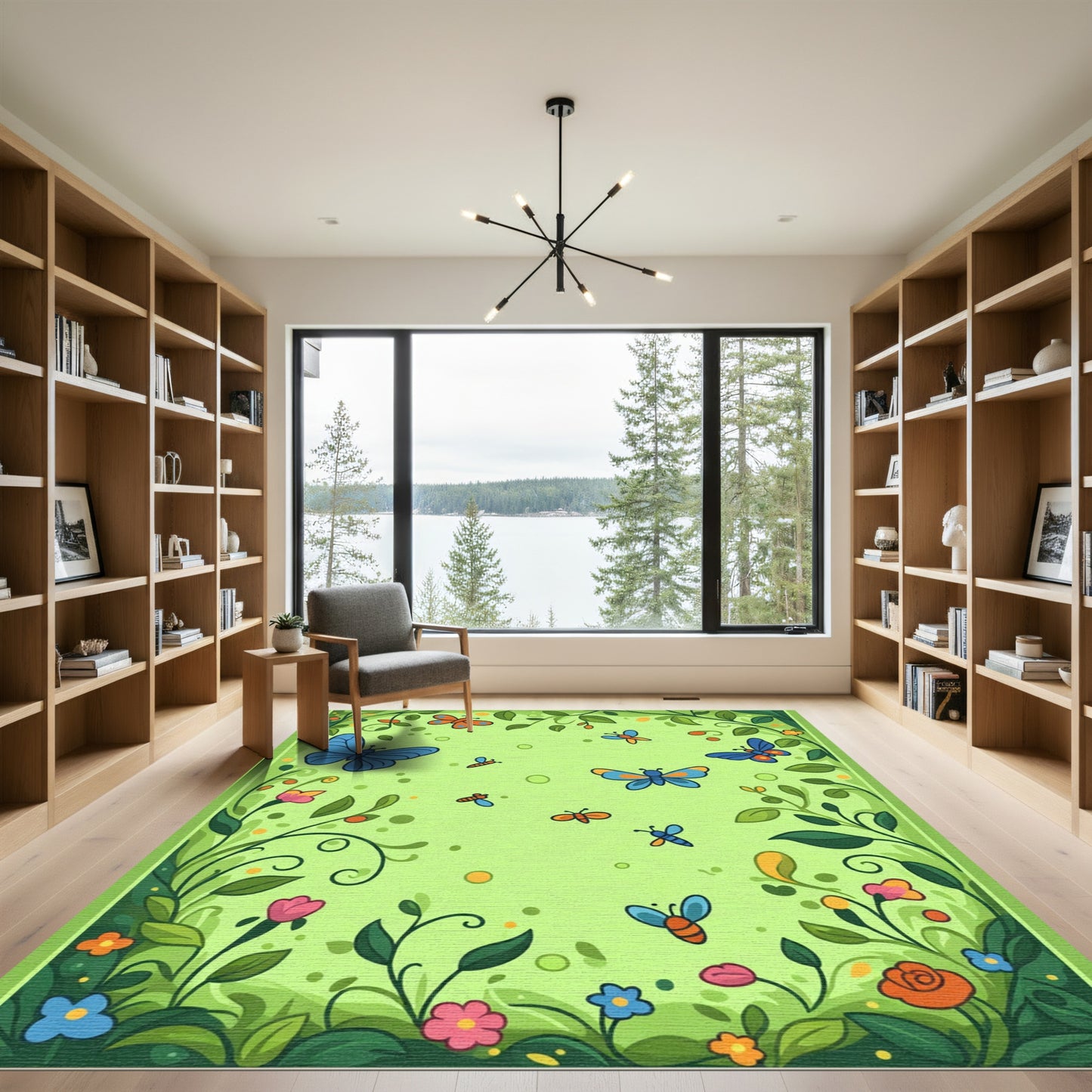 Whimsical Green Garden Butterfly Bloom Rug