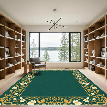 Emerald Golden Floral Scroll Border Rug