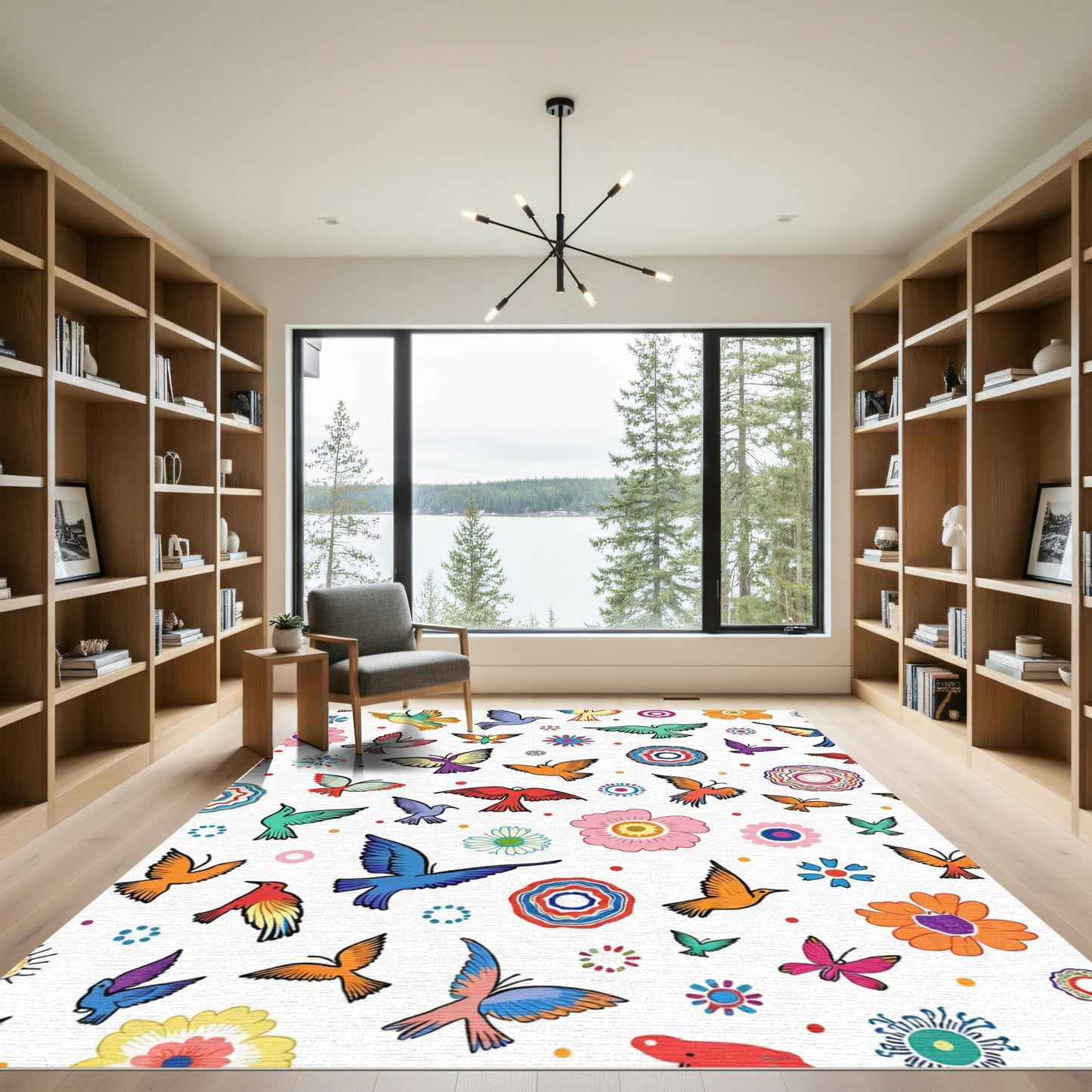 Colorful Birds and Flowers Medallion Rug