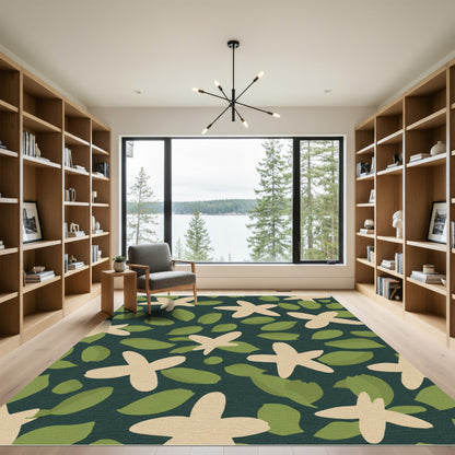 Cream Flower Green Leaf Garden Rug