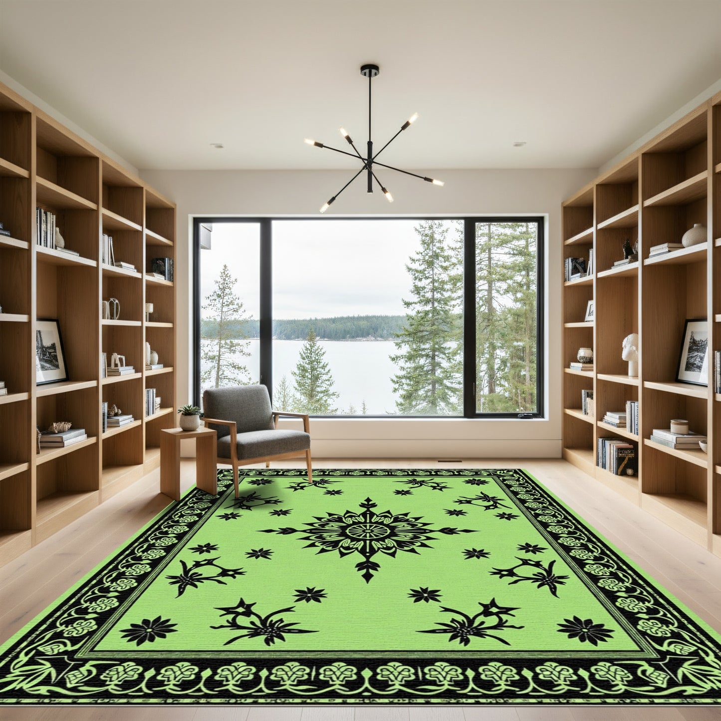 Black Floral Medallion Lime Green Rug