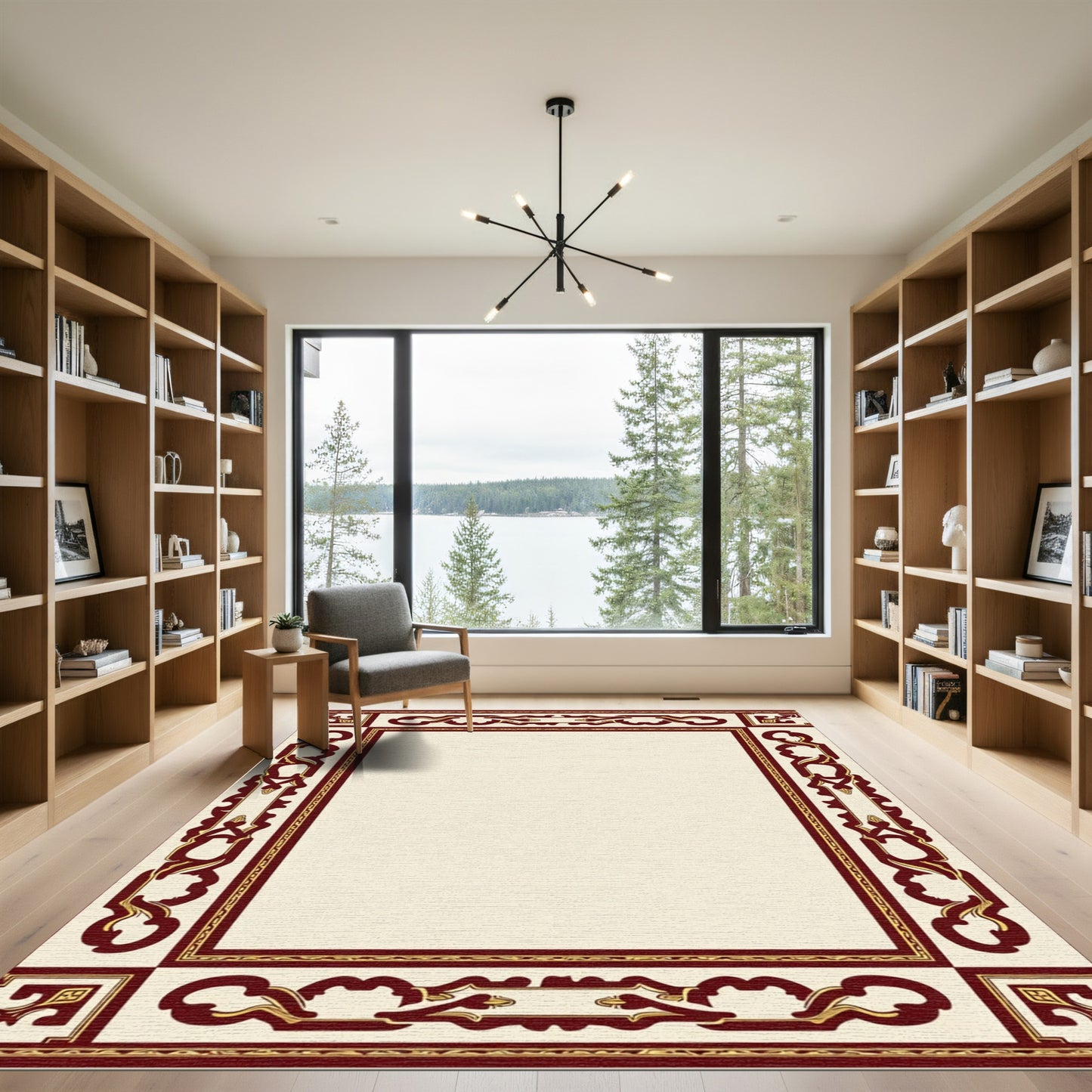 Deep Red Cream Ornate Border Rug