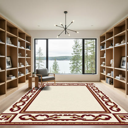 Deep Red Cream Ornate Border Rug