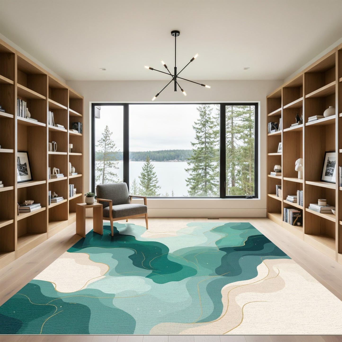 Emerald Teal Flowing Abstract Gold Swirls Rug