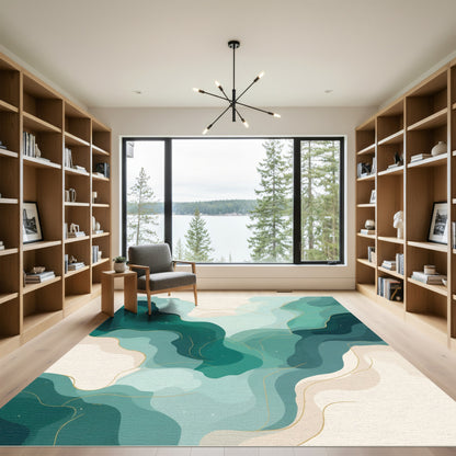 Emerald Teal Flowing Abstract Gold Swirls Rug