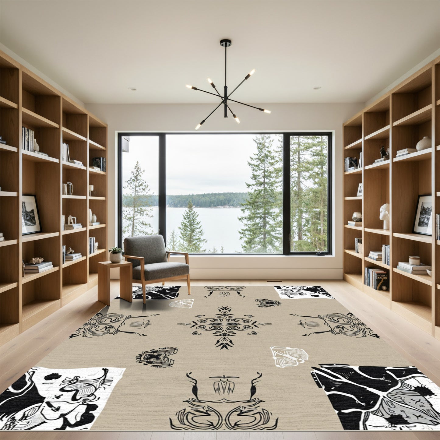 Black White Abstract Organic Medallion Rug