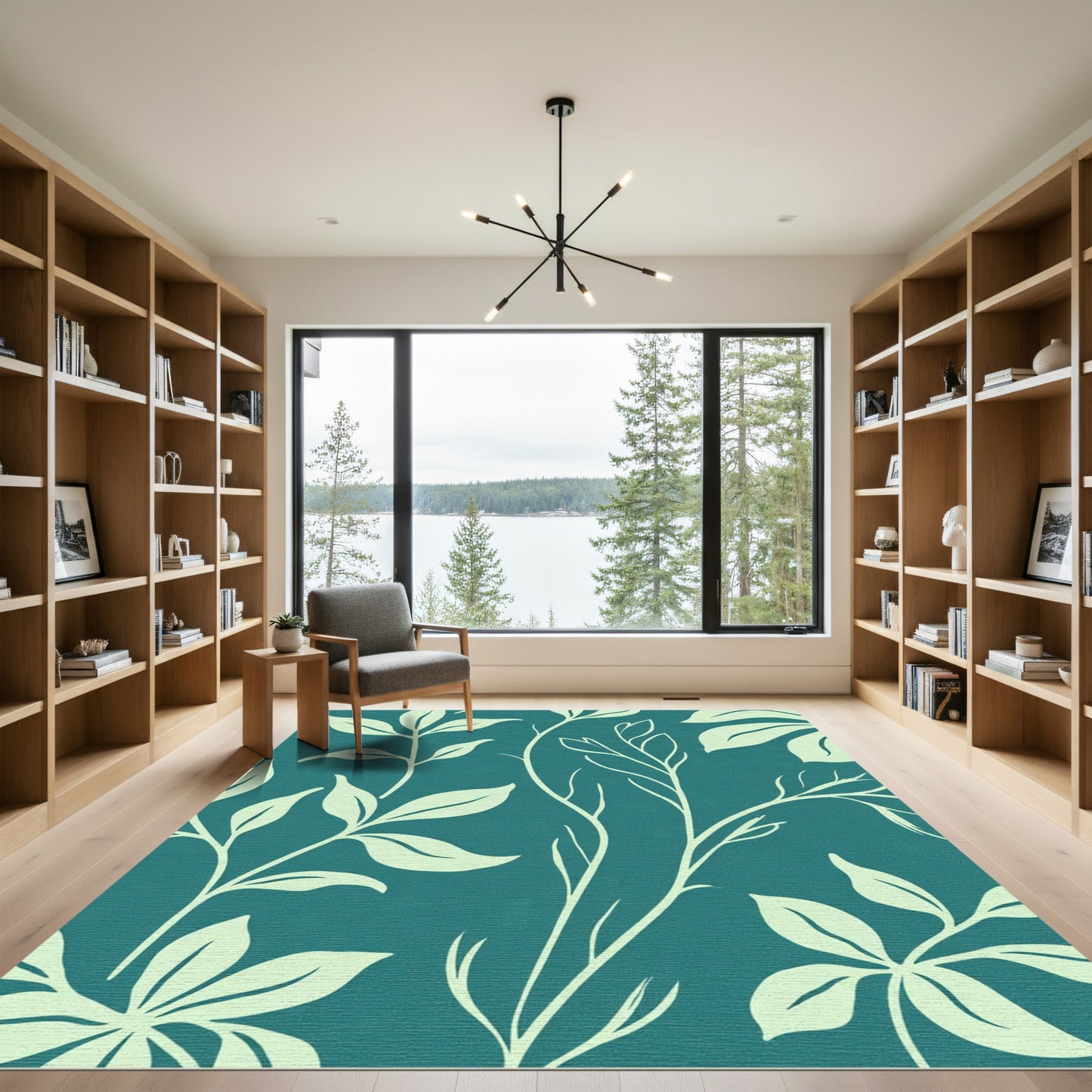 Teal Botanical Leaf Contrast Rug