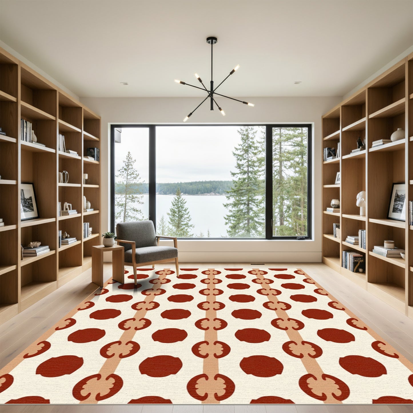 Crimson Circles Vertical Stripe Arrangement Rug
