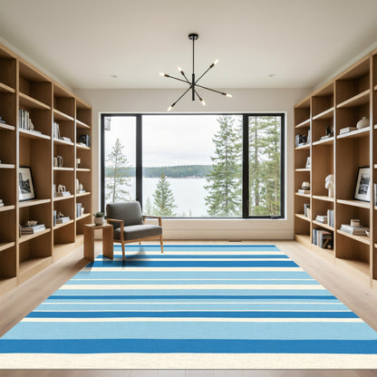 Ocean Blue Cream Horizon Stripes Rug