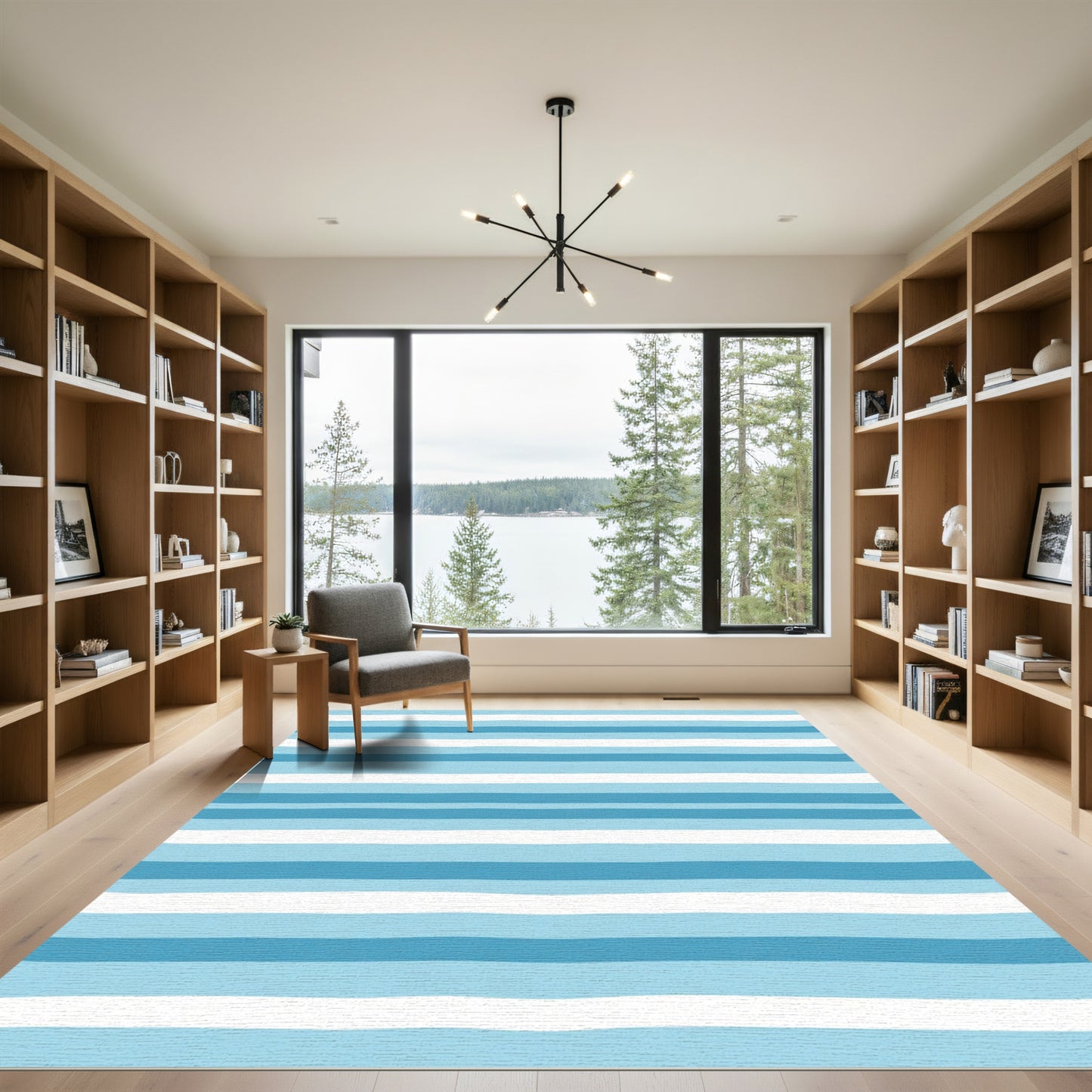 Ocean Blue White Striped Horizon Rug