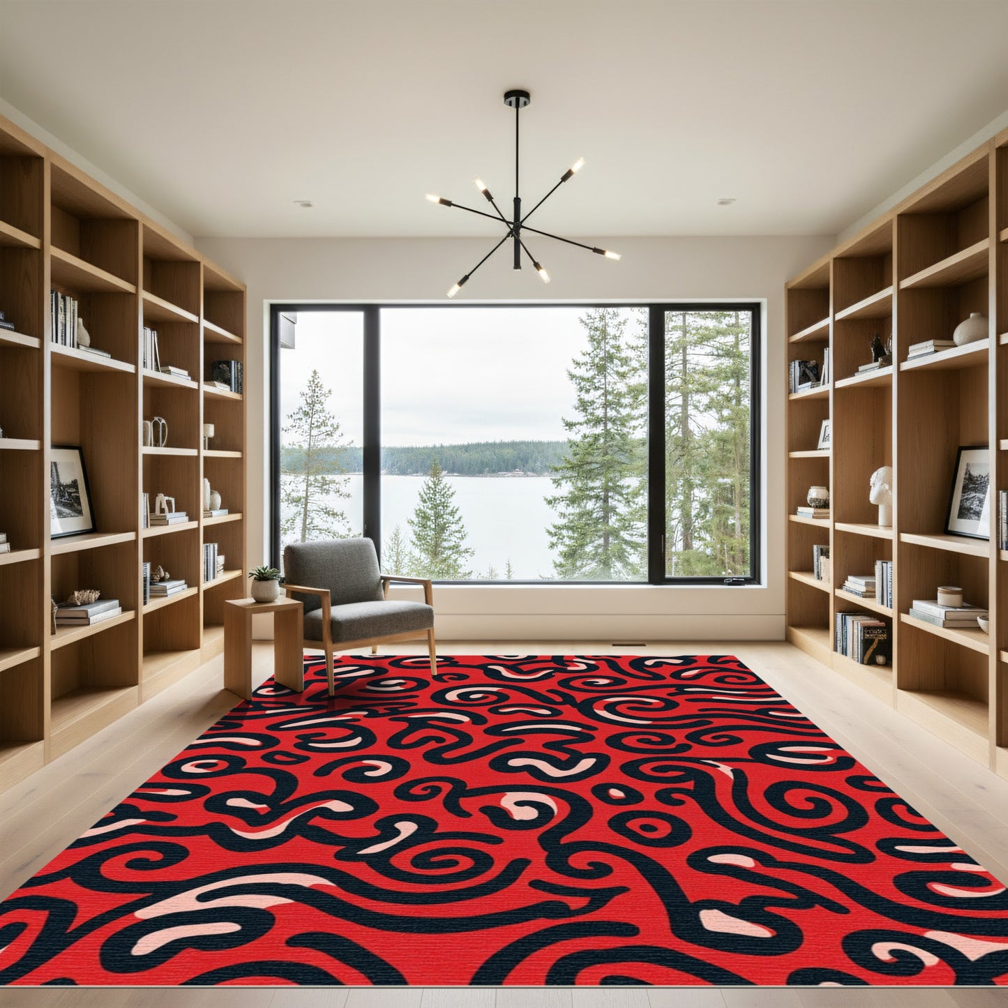 Red Black Swirl Abstract Composition Rug