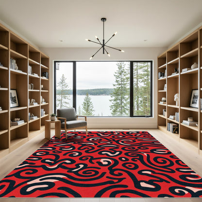 Red Black Swirl Abstract Composition Rug
