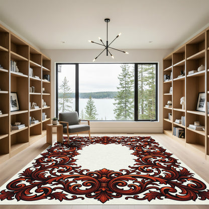 Rich Burgundy Acanthus Swirl Frame Rug