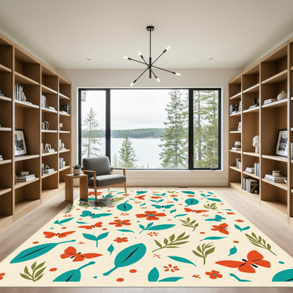Coral Red Butterfly and Teal Leaf Pattern Rug