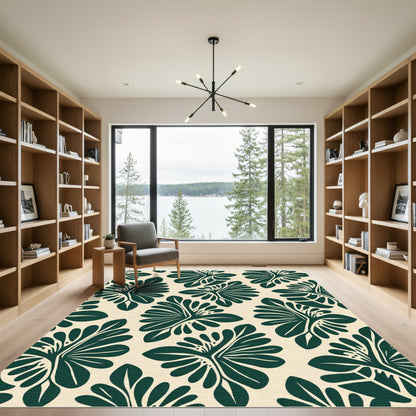 Dark Green Fern Leaf Pattern Rug