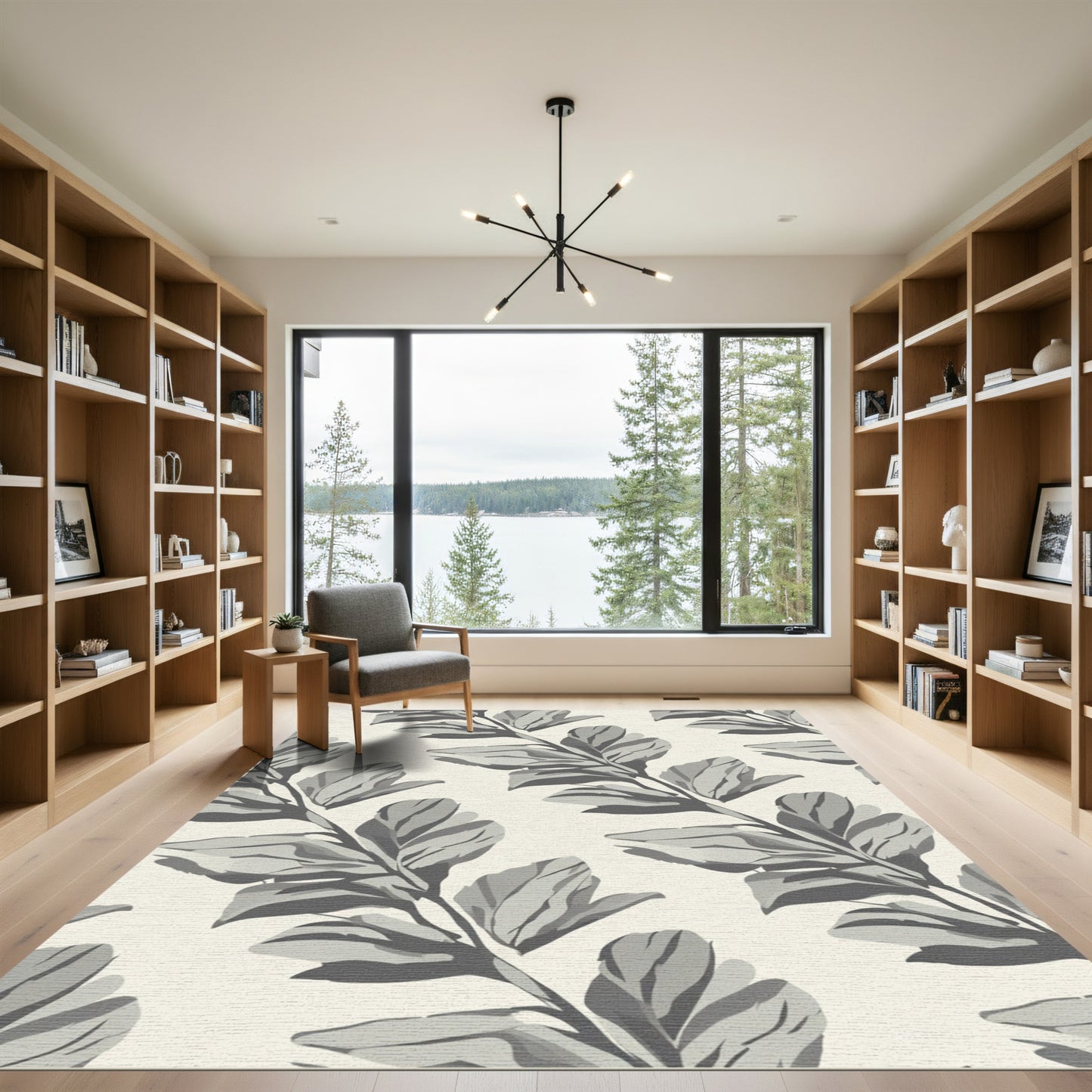 Modern Gray Leafy Branch Arrangement Rug