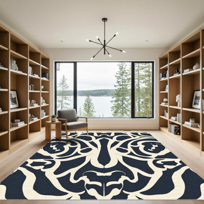 Cream Dark Blue Abstract Swirl Rug