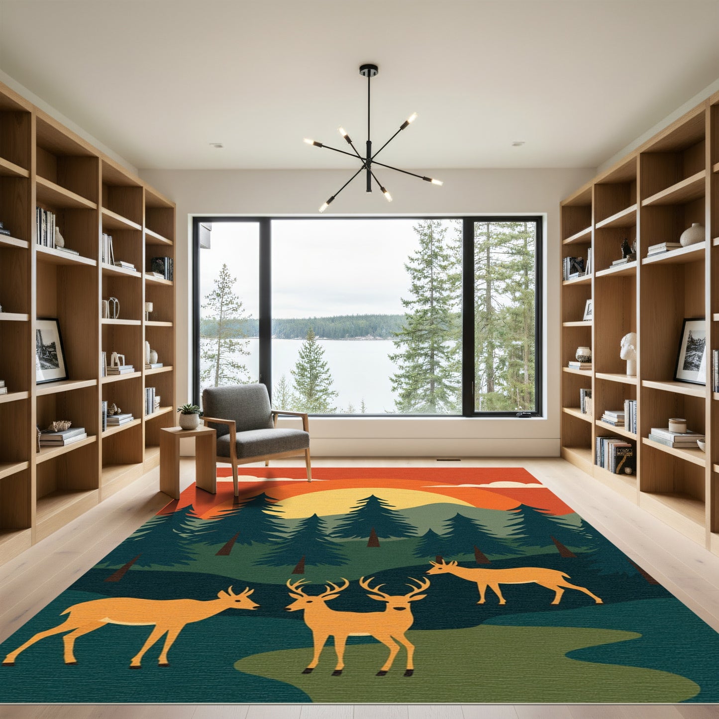 Golden Deer Forest Sunset Scene Rug