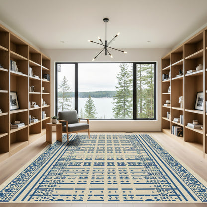 Navy Blue Linear Floral Scroll Rug